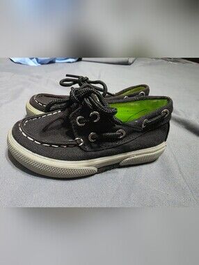 Sperry Kids Black Canvas Moccasins with Lime Green Lining